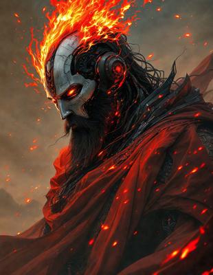 The primary subject of the image is a man with a beard and a red cape. He is wearing a helmet and has a fiery, demonic appearance. The setting is a dark, fiery background, which adds to the intense and dramatic mood of the scene. The visual style is a digital art illustration, which gives the image a unique and captivating look. The dominant colors are red and orange, which further emphasize the demonic and fiery theme of the image.
